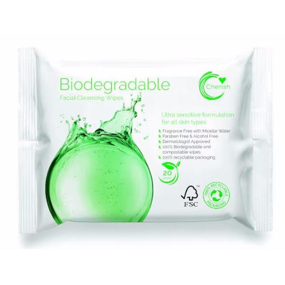 Cherish Biodegradable Micellar Water Facial Cleansing Wipes 20 Wipes