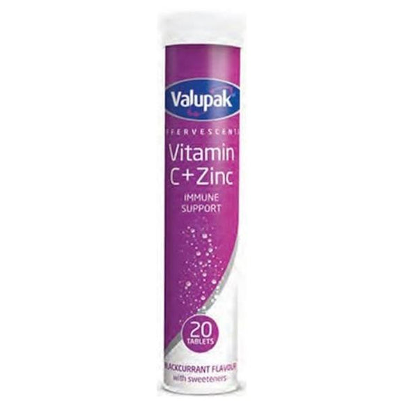 Valupak Vitamins Effervescent Vitamin C + Zinc 20 Blackcurrant Flavour Tablets